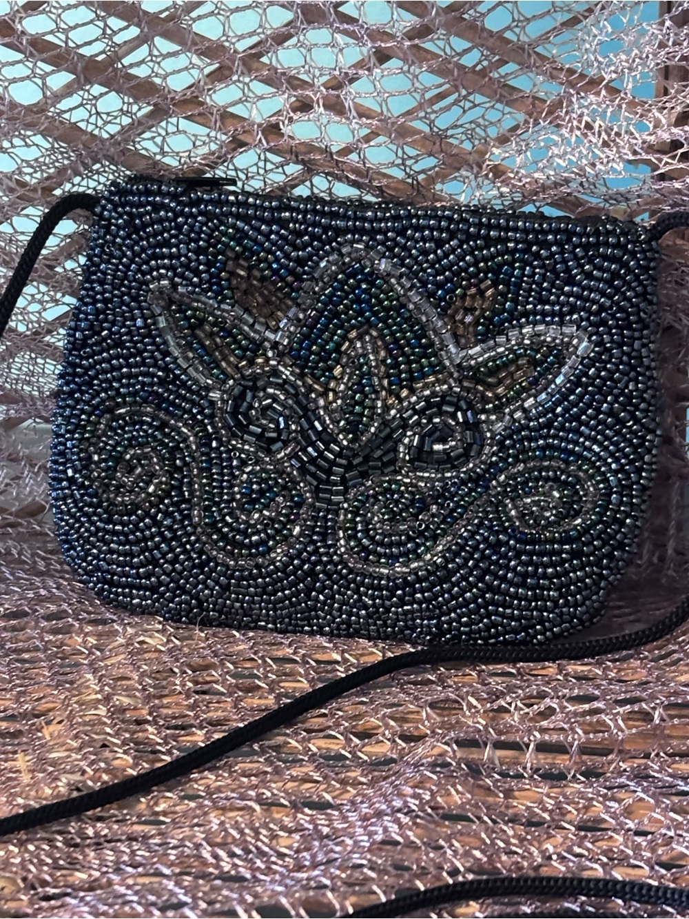 Beaded Crossbody Small Purse | Black Floral Design Zip Closure